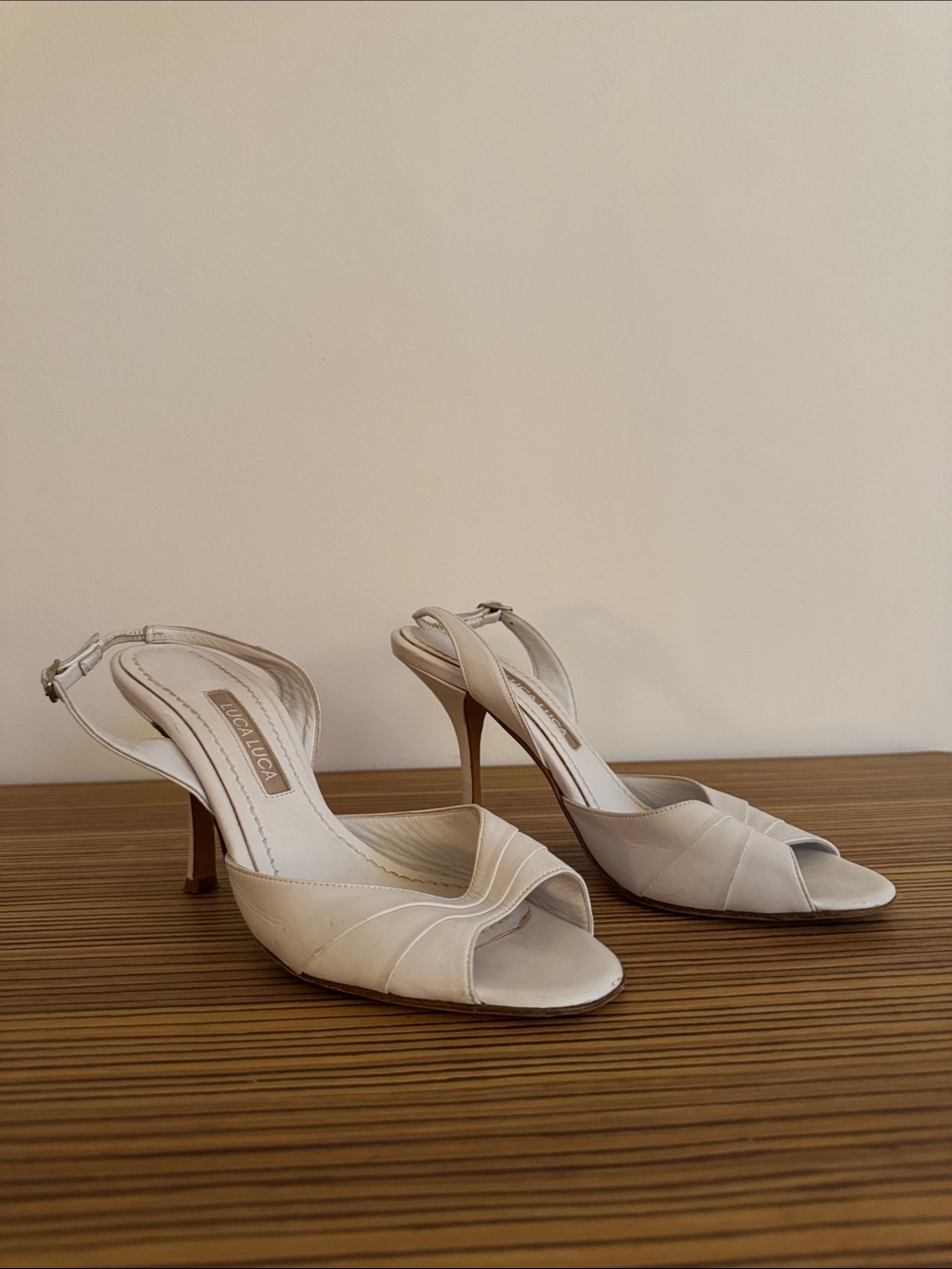 Ivanka Lucci Cream Slingback Peep-Toe Heels